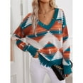 thumbnail image 6 of Woman Western Aztecs Knit Sweater Long Sleeve Vintage Geometric Pullover V Neck Distressed Cropped Sweater Royal Blue M, 6 of 10