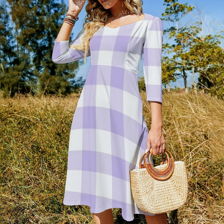 Lavender Gingham-1 Women's 3/4 Sleeve Dresses Elegant A-Line Midi Dress  Flare Summer Casual Sundress - Walmart.com