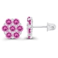 thumbnail image 2 of Decadence Solid 14K White Gold 8mm Cluster Flower Created Pink Sapphire Birthstone Flower Screwback Stud Earrings For Women | 2.50mm Round Birthstone | 14K Gold Cluster Screwback Earrings For Women, 2 of 5