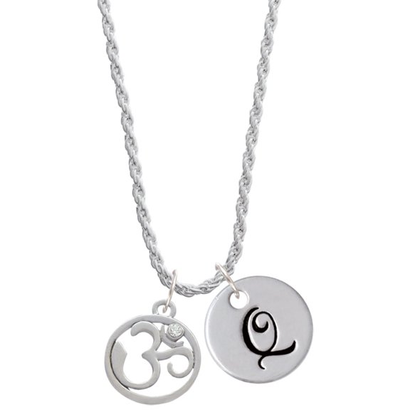 Delight Jewelry Silvertone Om in Circle with Clear Crystal Silvertone Script Initial Disc - Q - Charm Necklace, 20" 3"