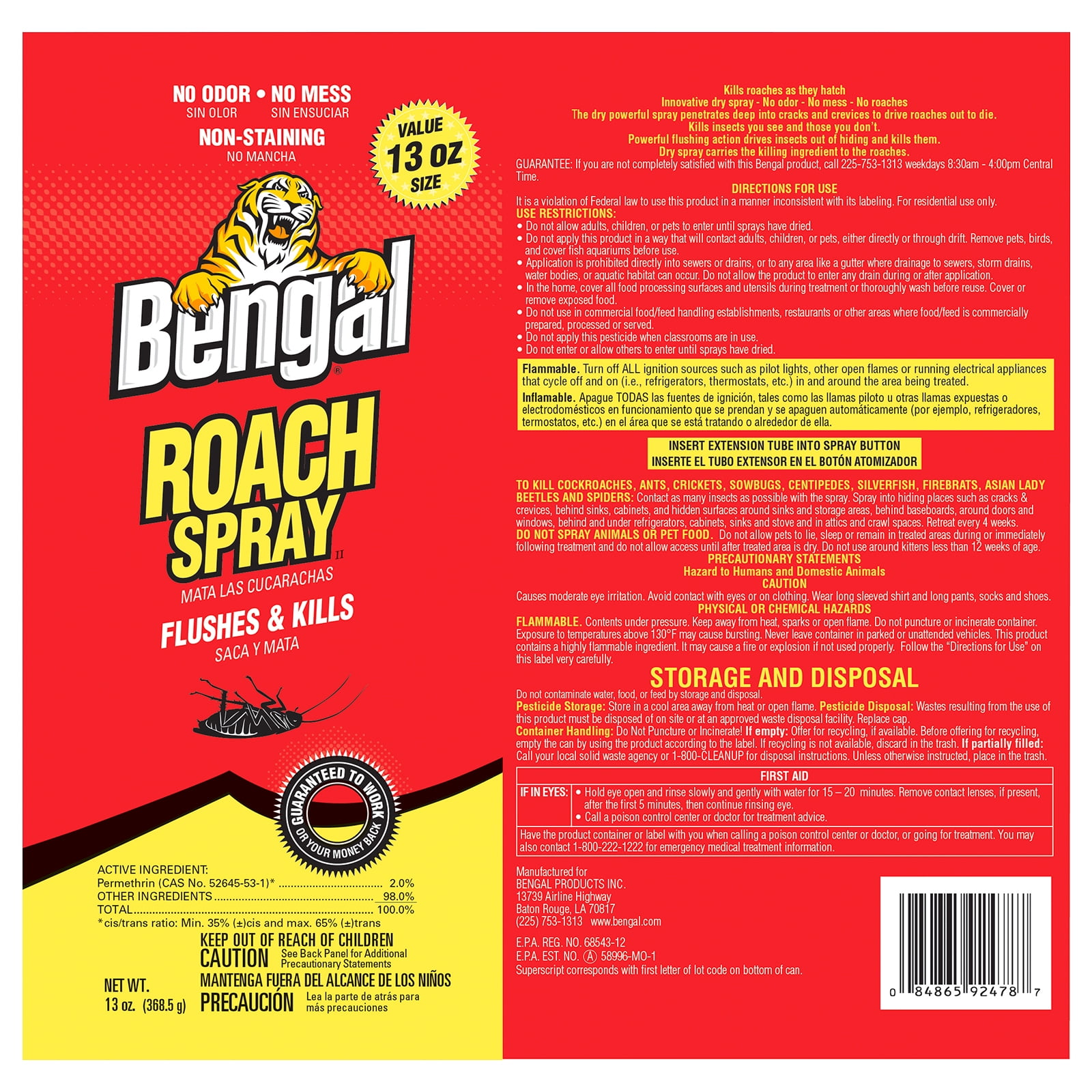 (2 pack) Bengal Roach Spray, Odorless Stain-Free Dry Spray, 13 oz Aerosol Can