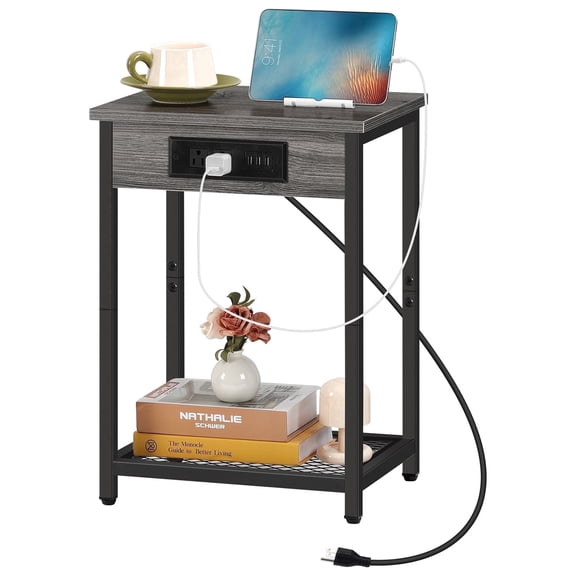 15.7'' Gray Metal End Table with Charging Station & USB Ports - Small Side Table with Storage Shelf for Bedroom, Living Room, Office