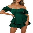 thumbnail image 1 of Women Boho Romper Off Shoulder Double Layer Ruffle Hem Chiffon Short Fairy Princess Mini Dress Jumpsuit Playsuits Black L, 1 of 8