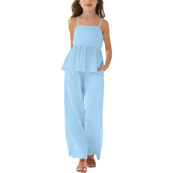 Teen Girls Cotton Linen Palazzo Pants Sets Solid Sleeveless Crewneck Tank Top Wide Leg Beach Trousers 2Pcs Kids Summer Outfit Tween Back to School Clothes