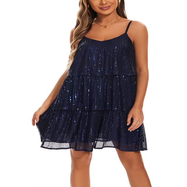 PENGXIANG Femmes Couches Volants Gâteau Robe Paillettes Spaghetti Sangle Mini Robe Backless Parti Danse Robe Cami