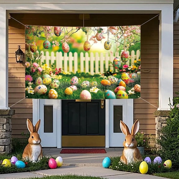 HOARBOEG Easter Background Decorations, Easter Party Backdrop with Bunny Egg Designs, Photo Booth Props for Easter Celebrations, Vinyl Banner for Wall Decor, Family Party Supplies (6x4 Ft)