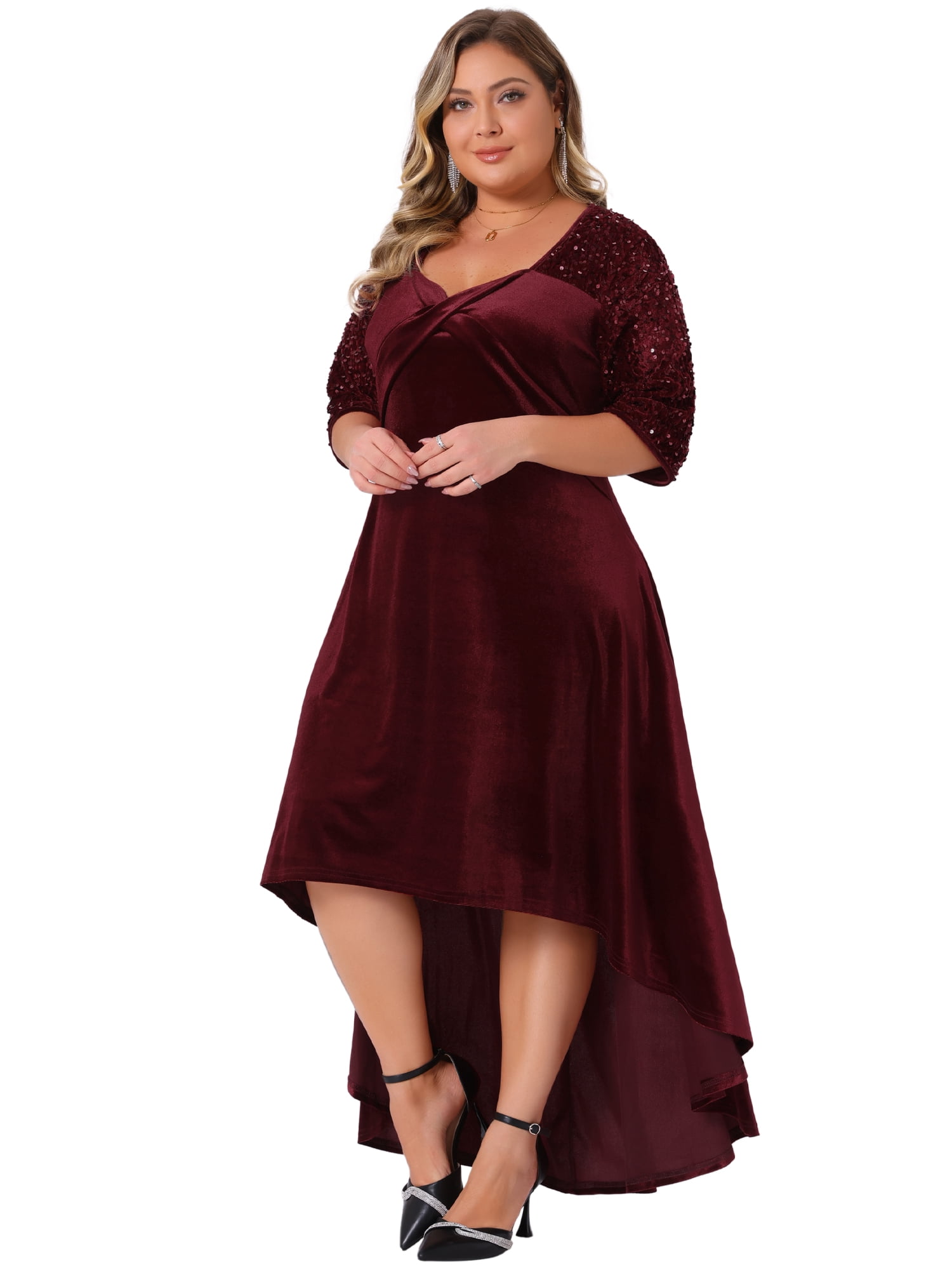 DARING DIVA Plus Size Velvet V Neck Sequin Sleeve High Low Hem Dress 1X Burgundy