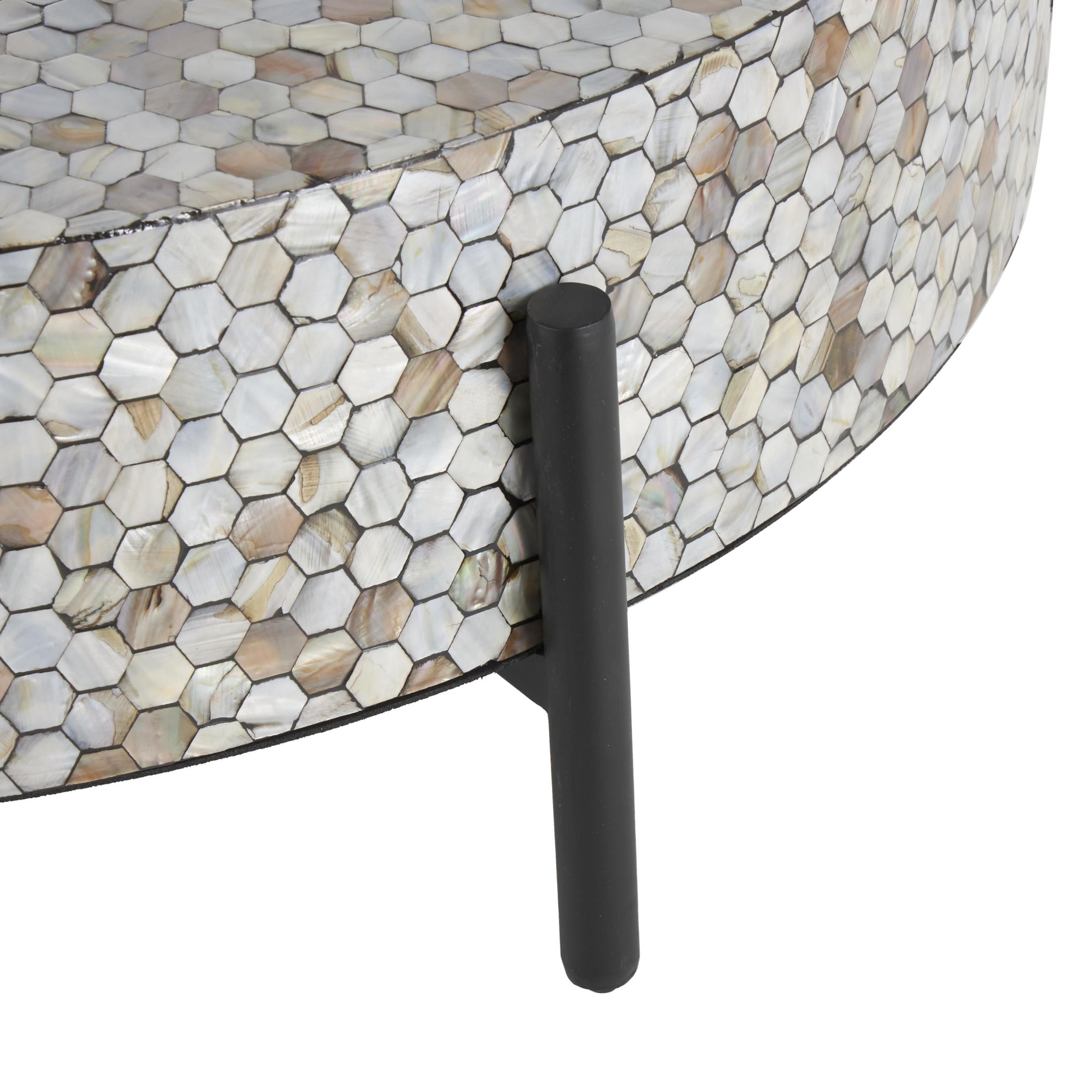 DecMode 38" x 13" Gray Mother of Pearl Shell Handmade Mosaic Inlay Geometric Coffee Table with Black Metal Legs, 1-Piece