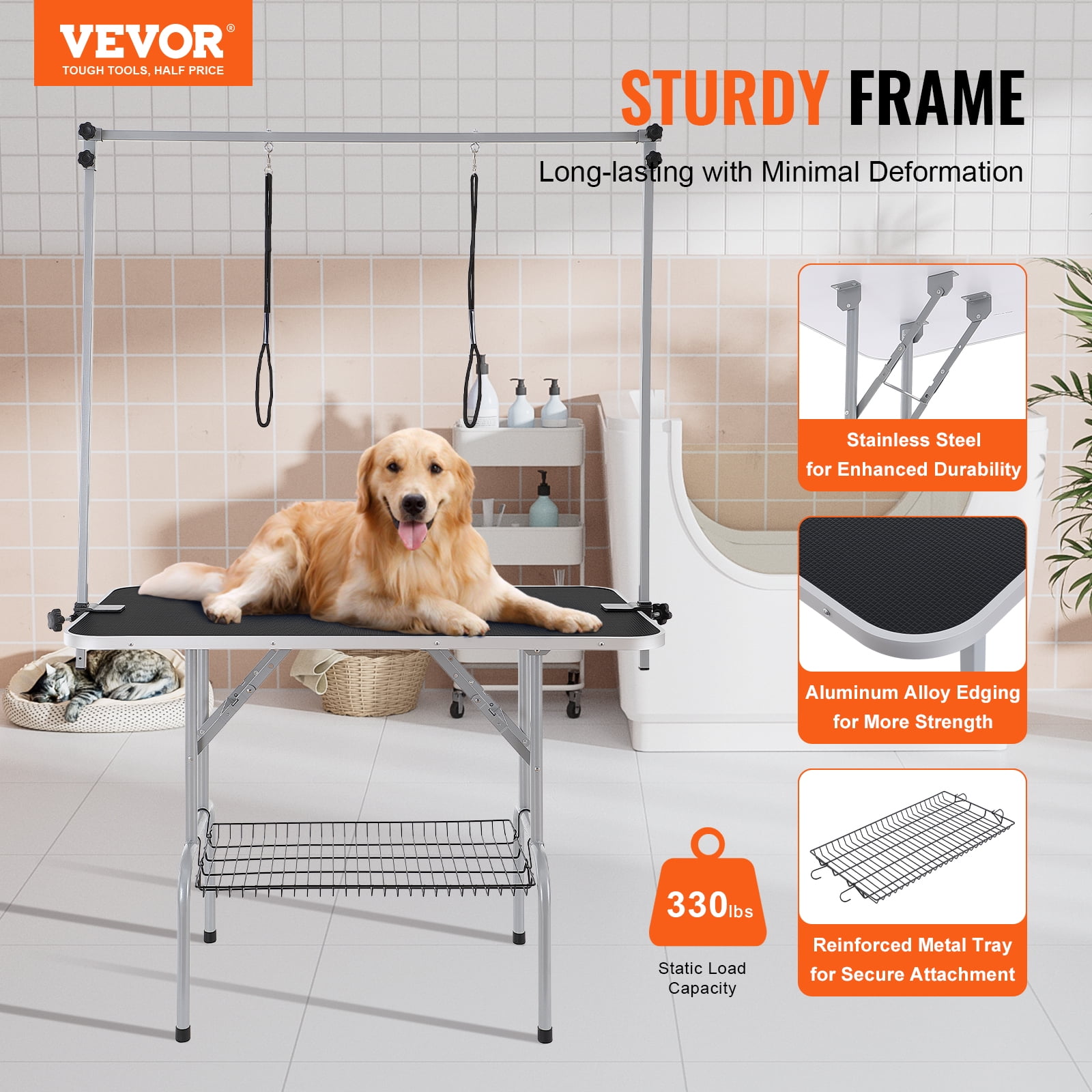 VEVOR Pet Grooming Table Two Arms with Clamp 46 Dog Grooming Station Foldable Pets Grooming Stand for Medium and Small Dogs Free No Sit Haunch Holder with Grooming Loop Bearing 330lbs
