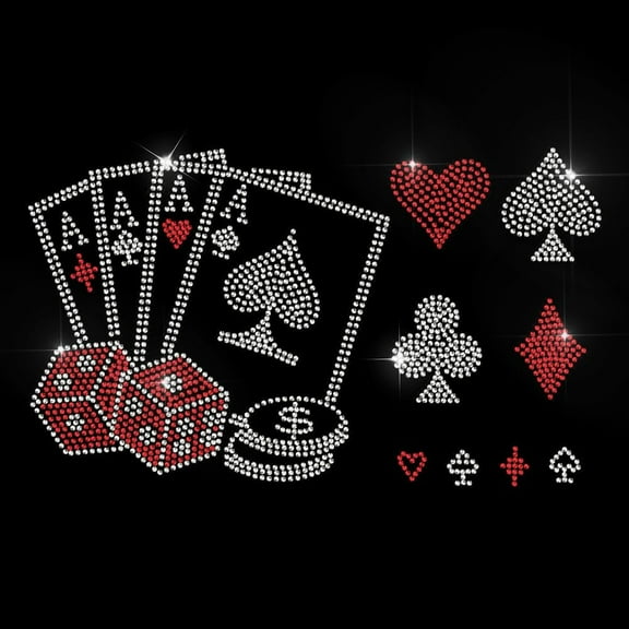1sheet Playing Card Suits Rhinestone Iron on Hotfix Transfer Decal Dice Coins Bling Iron On Transfer Rhinestone Sticker DIY Patch Repair Hot Fix Applique for T-Shirt Jacket Clothing Craft