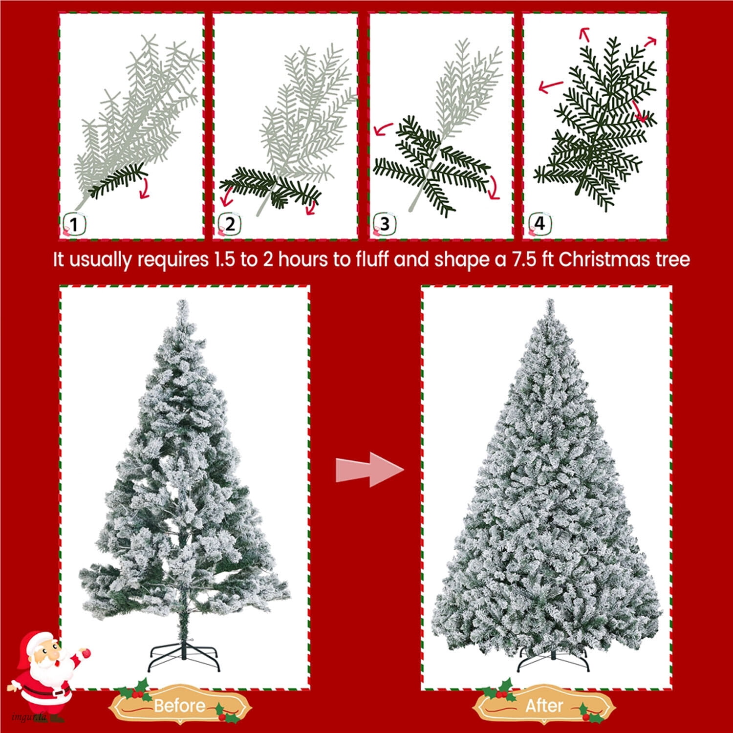 Alden Design 7.5FT Artificial Hinged Fir Pre-lit Flocked Christmas Tree with Foldable Stand and LED Lights,Green & White