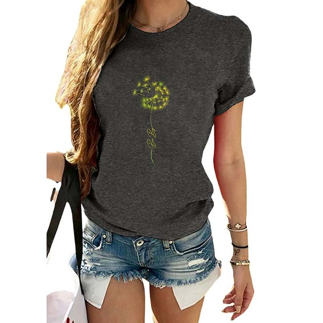 Daeful Hauts T-Shirts Imprimé Pissenlit Manches Courtes Coupe Décontractée Col Rond Gris Foncé TG