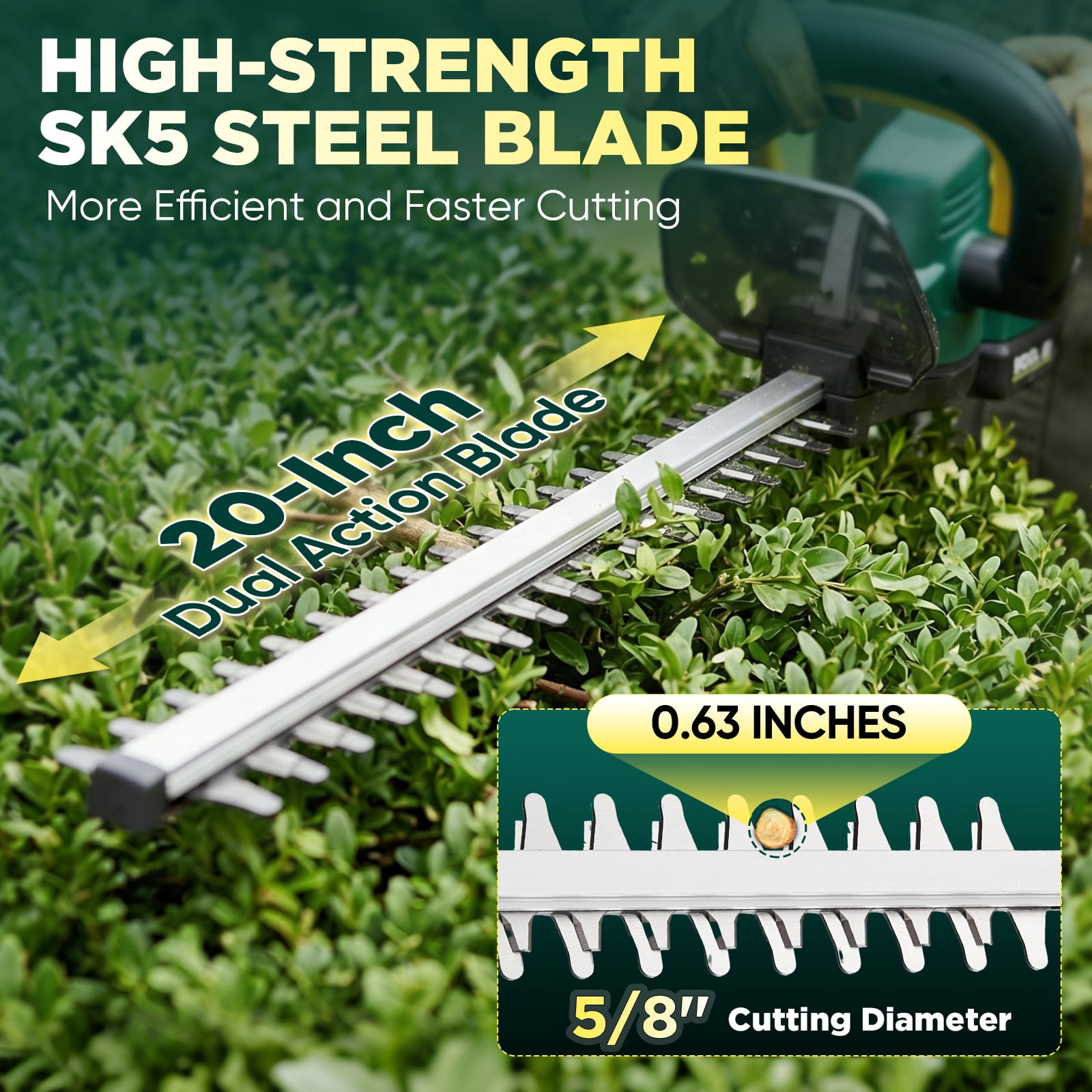 Saker 22V Cordless Hedge Trimmer, 20-Inch Handheld Electric Trimmers with Dual-Action Blades, 2x 2000mAh Batteries for Shrubs & Trees