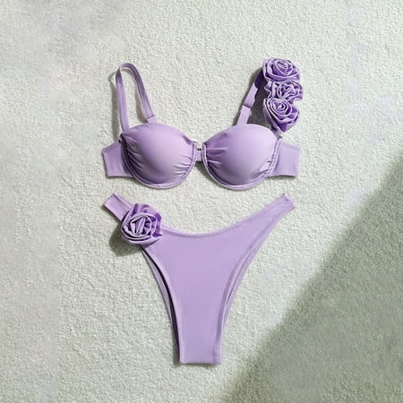 Jjayotai No Boundaries Bikini Sets for Women  3D Floral High Cut Push Up Sexy Thong Swimsuit  2 Piece Padded Underwire Bathing Suit  Women s Swimwear Purple~ S
