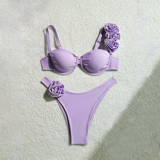 Traje de baño para mujer, bikini de acero de color sólido para mujer, conjunto de traje de baño de playa para vacaciones con flores, trajes de baño para mujer