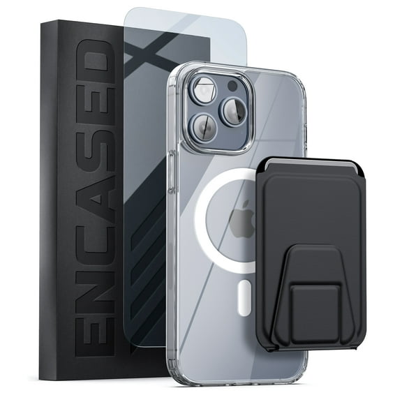 Encased Wallet Case Set Designed for iPhone 14 PRO Case with Magnetic Card Holder, Kickstand and Screen Protector - Compatible with MagSafe, Crystal Clear (3-in-1)