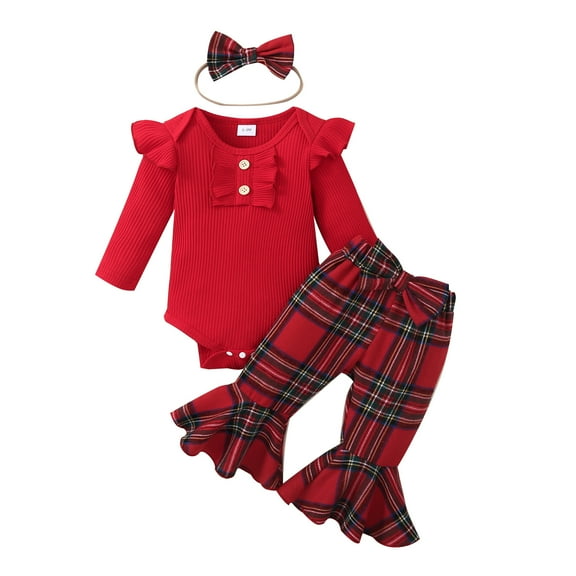 Elippeo Baby Girl Christmas Clothes 3M 6M 12M 18M Ribbed Long Sleeve Romper with Plaid Flare Pants and Bow Headband Outfit