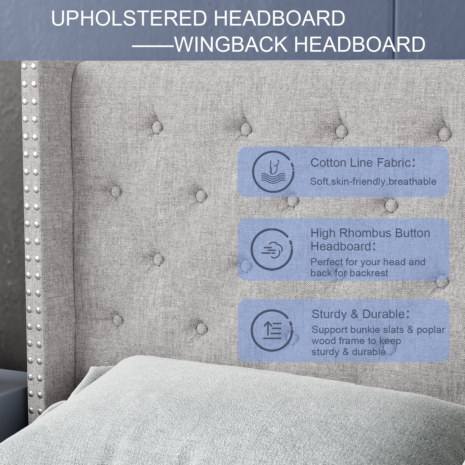 Nathaniel Home, Queen Bed Frames Upgrade, Linen Upholstered Platform Bed, Diamond Beds Frame for Bedroom, with Fabric Button Tufted Headboard, Gray