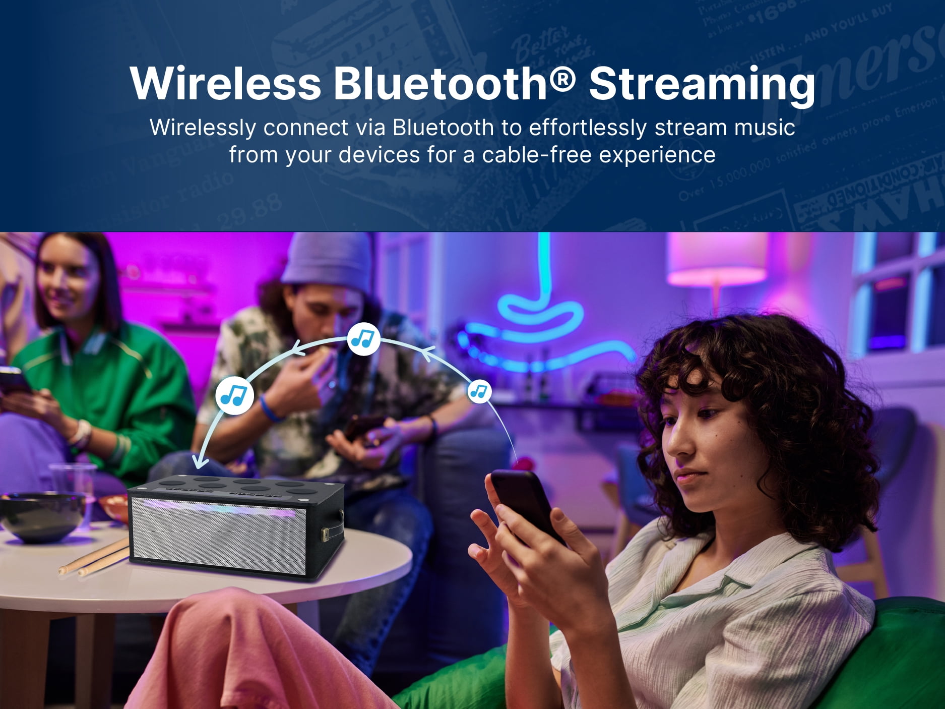 Emerson EDS-1000 Bluetooth Party Speaker with Digital Drum Pads, LED Lights, Dual Speakers, USB/AUX/Mic Inputs, & Rechargeable Battery
