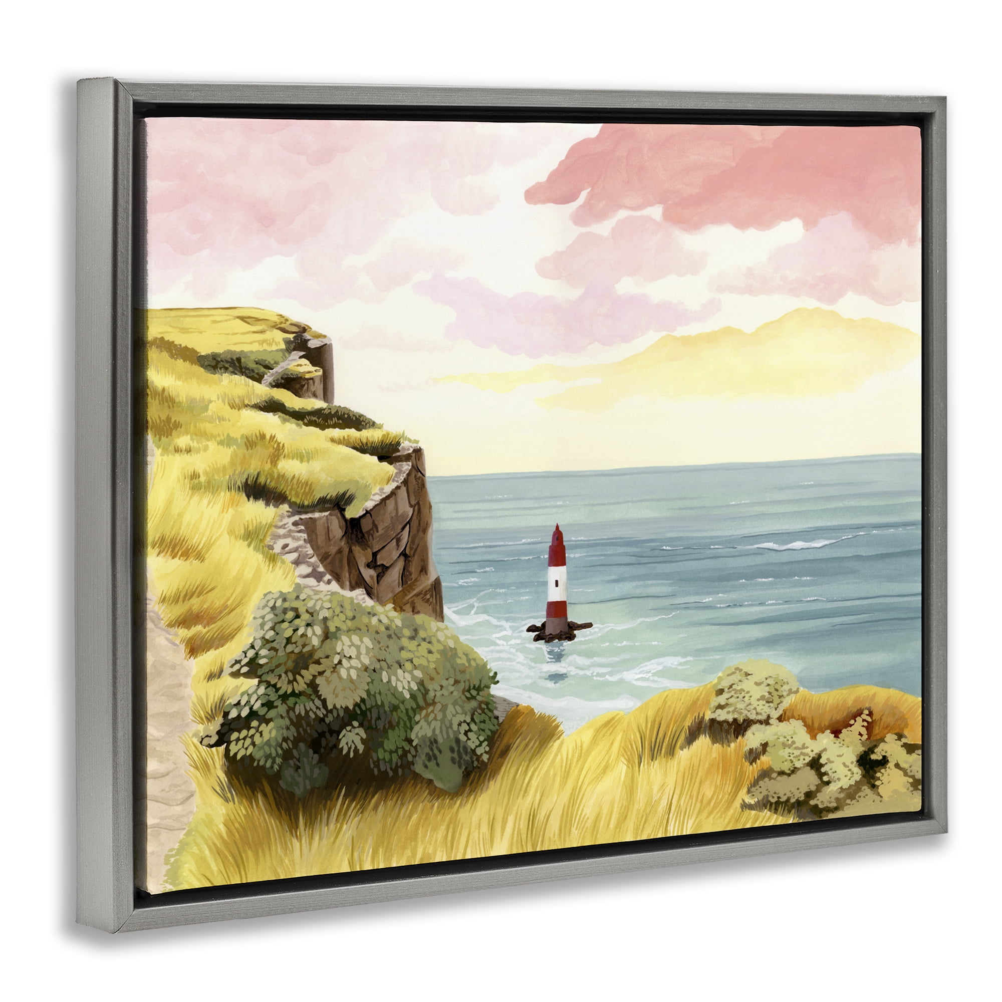 Beachy Head Lone Lighthouse Gray Framed Floater Canvas Wall Art, design by Courtney Haley