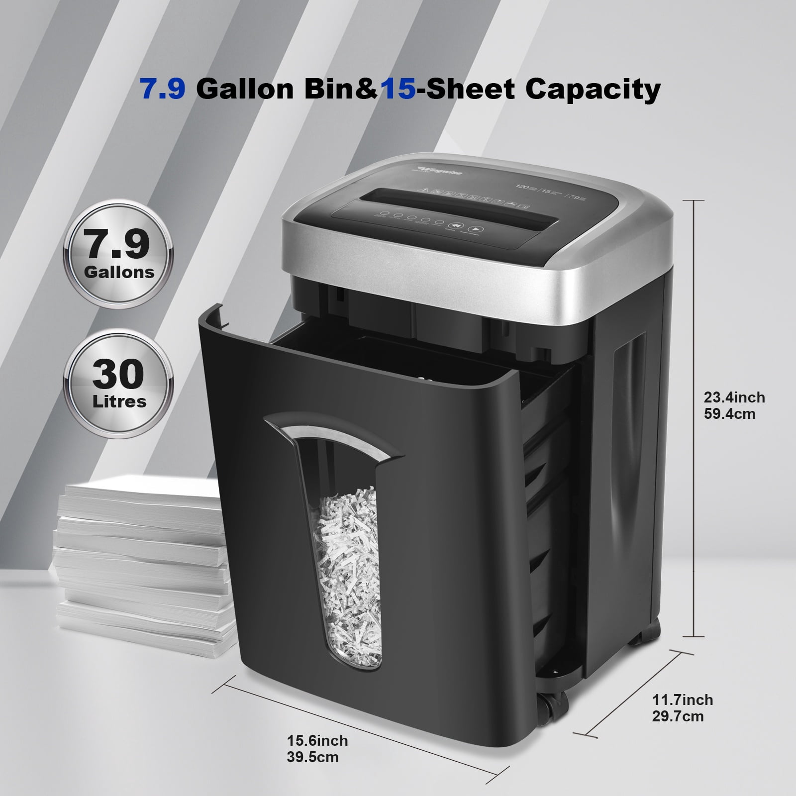 Wingwise Paper Shredder, 15 Sheets Cross Cut Shredder, 8 Gallon Bin, CD/Credit Card Shredder with Dual Modes, Home & Office Use