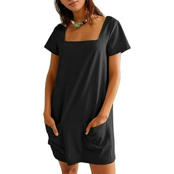 Womens Solid Color Casual Summer Square Neck Short Sleeve Mini Dresses with Pockets Black S