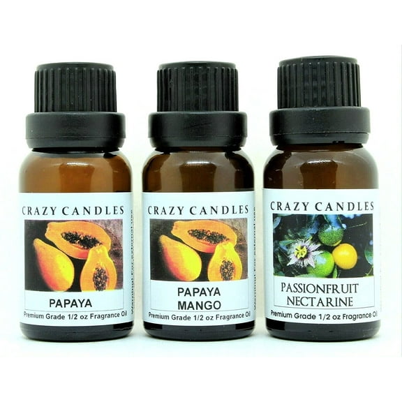 Crazy Candles 3 Bottles Set, 1 Passionfruit Nectarine, 1 Papaya, 1 Papaya Mango 1/2 Fl Oz Each (15ml) Premium Grade Scented Fragrance Oils