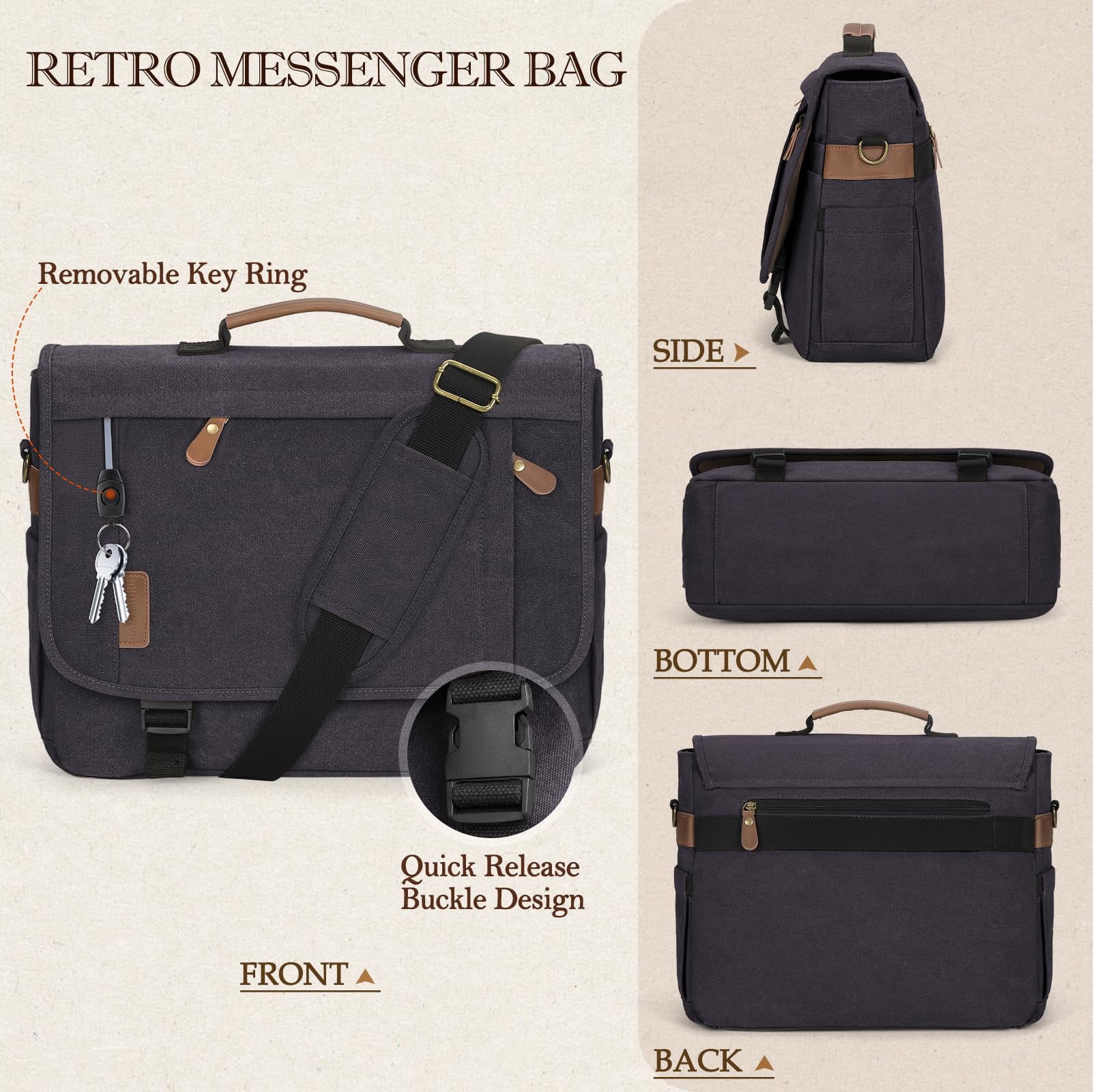 RAINSMORE Messenger Bag for Men 17-17.3 Inch Laptop Bag Water-resistant Canvas Computer Shoulder Bag Office Work Briefcase Large Casual Satchel Bags for Men Bookbag for College,Gray