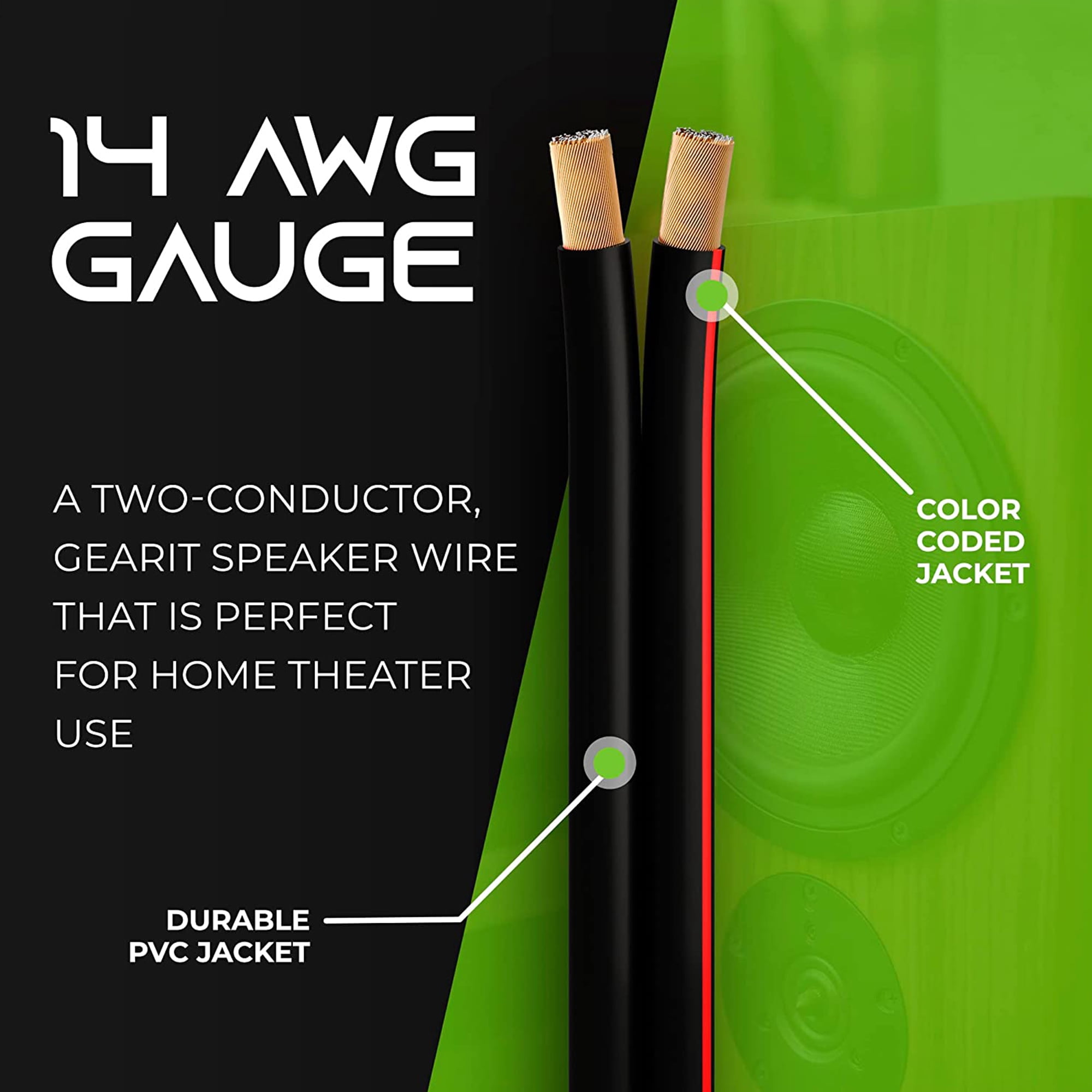 GearIT 14/2 CCA Wire Speaker Cables, 14AWG Gauge 200ft Black