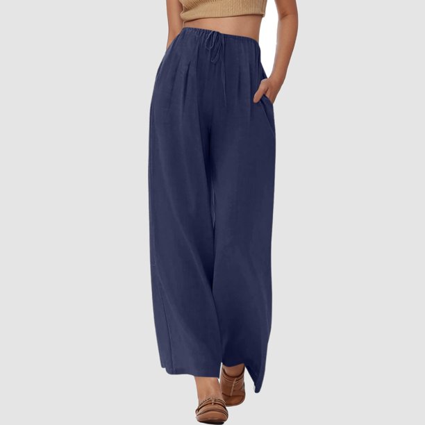 WILLBEST Pantalones Casuales de Verano para Mujer, de Lino, de Cintura Alta, con Cordón, Pierna Ancha, Cómodos y con Bolsillos para Viajar y Relajarse. Grande