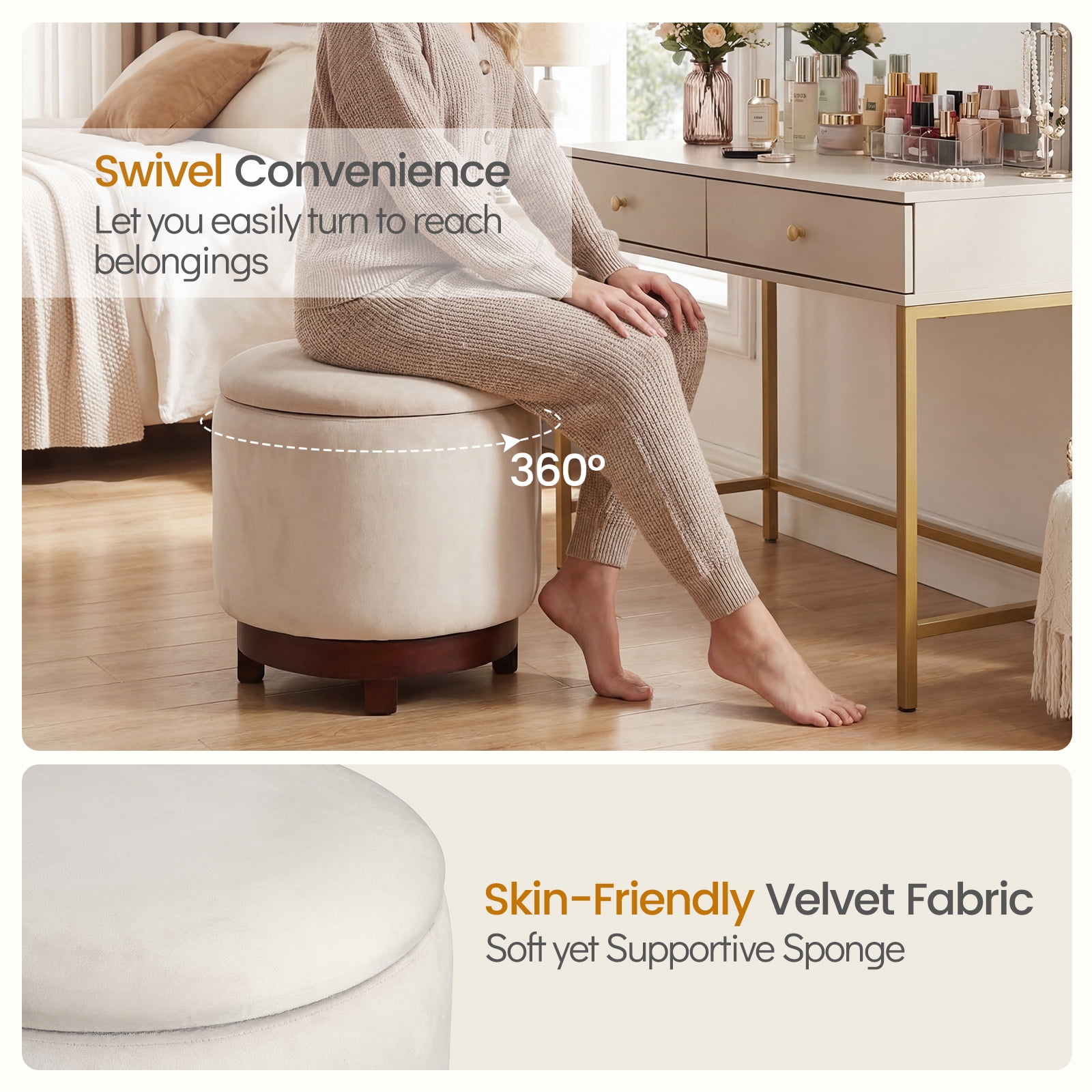 Costway 360° Swivel Velvet Foot Rest with Hidden Storage, 400 Lbs Weight Capacity for Home White and Walnut