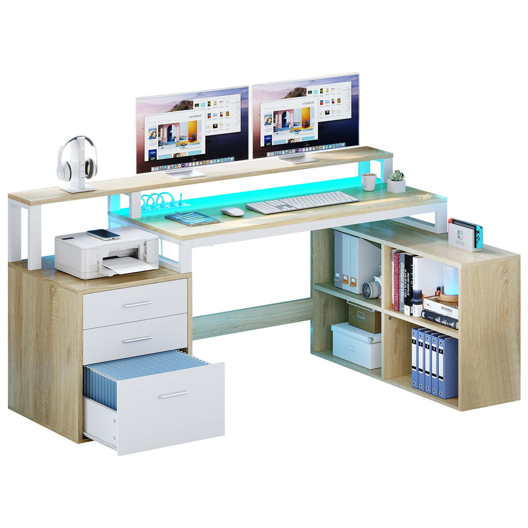 Dextrus 65" L Shaped Desk with Power Outlets and Monitor Stand , Computer Desk with LED Light &File Cabinet, Corner Desk with 3 Drawers & 4 Open Storage Shelves, Modern Home Office Desk, Oak