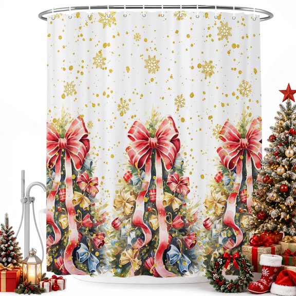Merry Christmas Tree with Bowknot Shower Curtain for Bathroom, Winter Snowflake on White Waterproof Shower Curtains Washable Quick Dry with Hooks Bathtub Curtains 36x72IN