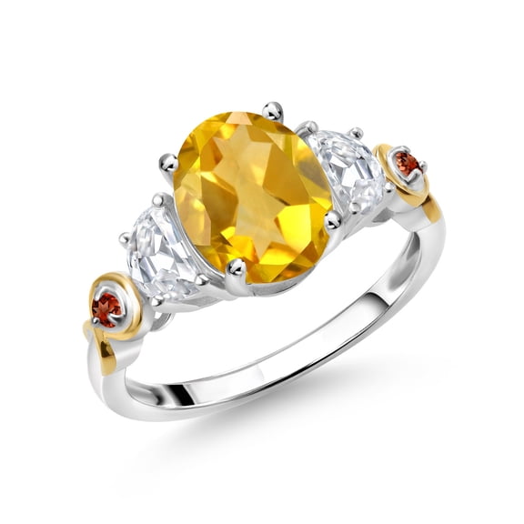 Gem Stone King 925 Silver and 10K Yellow Gold 3-Stone Ring Oval Yellow Citrine and Moissanite (2.03 Cttw, Size 9)