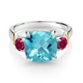 thumbnail image 2 of Gem Stone King 925 Silver and 10K Yellow Gold Swiss Blue Topaz and Created Ruby 3 Stone Ring for Women (4.55 Cttw, Gemstone November Birthstone, Cushion Checkerboard 10MM, Round 4MM, Size 8), 2 of 3