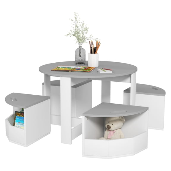 Qaba Kids Table and Chairs Set, 5 Piece Toddler Table and Chairs Set with Storage for Art, , Drawing, Playroom, Classroom, , Gray