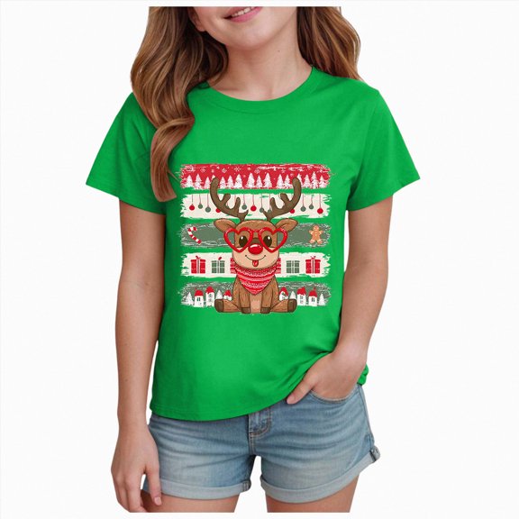 Xyant Christmas Shirt Toddler Boy Girl Reindeer Print T-Shirts Kids Short Sleeve Holiday Tee Xmas Graphic Gift Tops, Size 3-4 Years