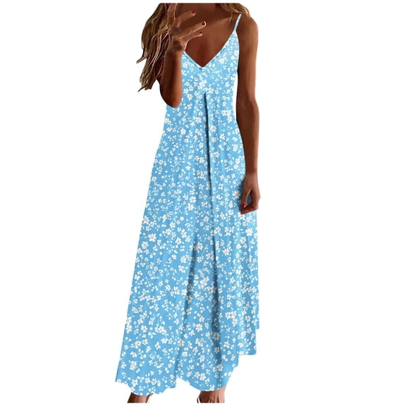 Alkepwun Plus Size Dresses Women's Sleeveless V-Neck Adjustable Spaghetti Strap Bohemian Print Maxi Dress Casual Summer Boho A-Line Hem Flowing Long Sundresses