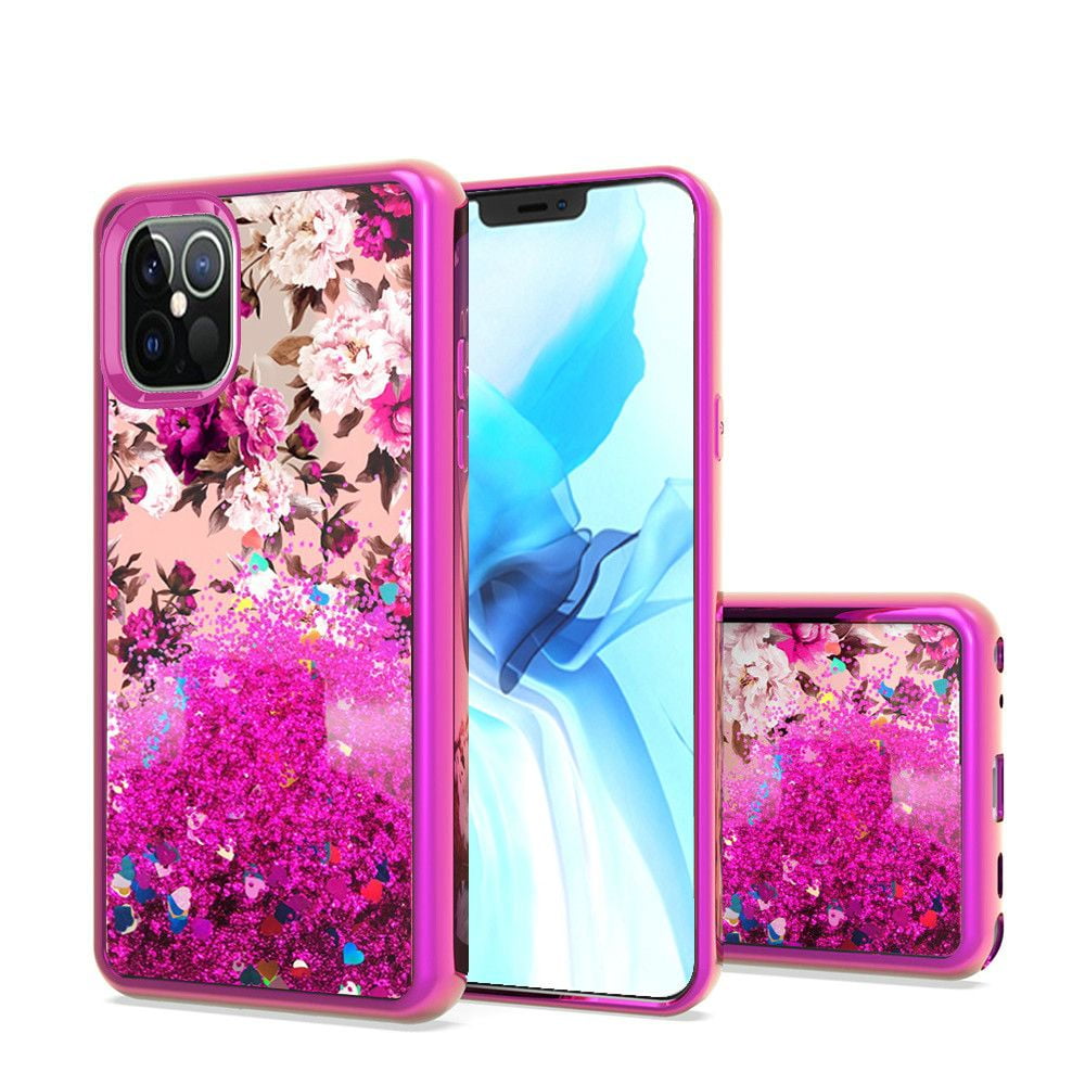 For Iphone 13 Pro Design Water Quicksand Glitter Case Cover Rose Pink White Flower Walmart Com