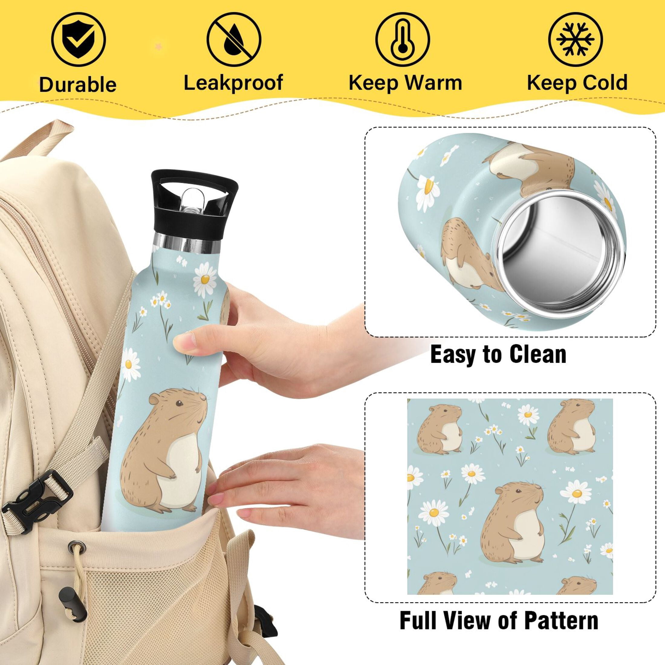 Kids Insulated Stainless Steel Sports Water Bottle 600ml (20oz) Cute Capybara and Daisies