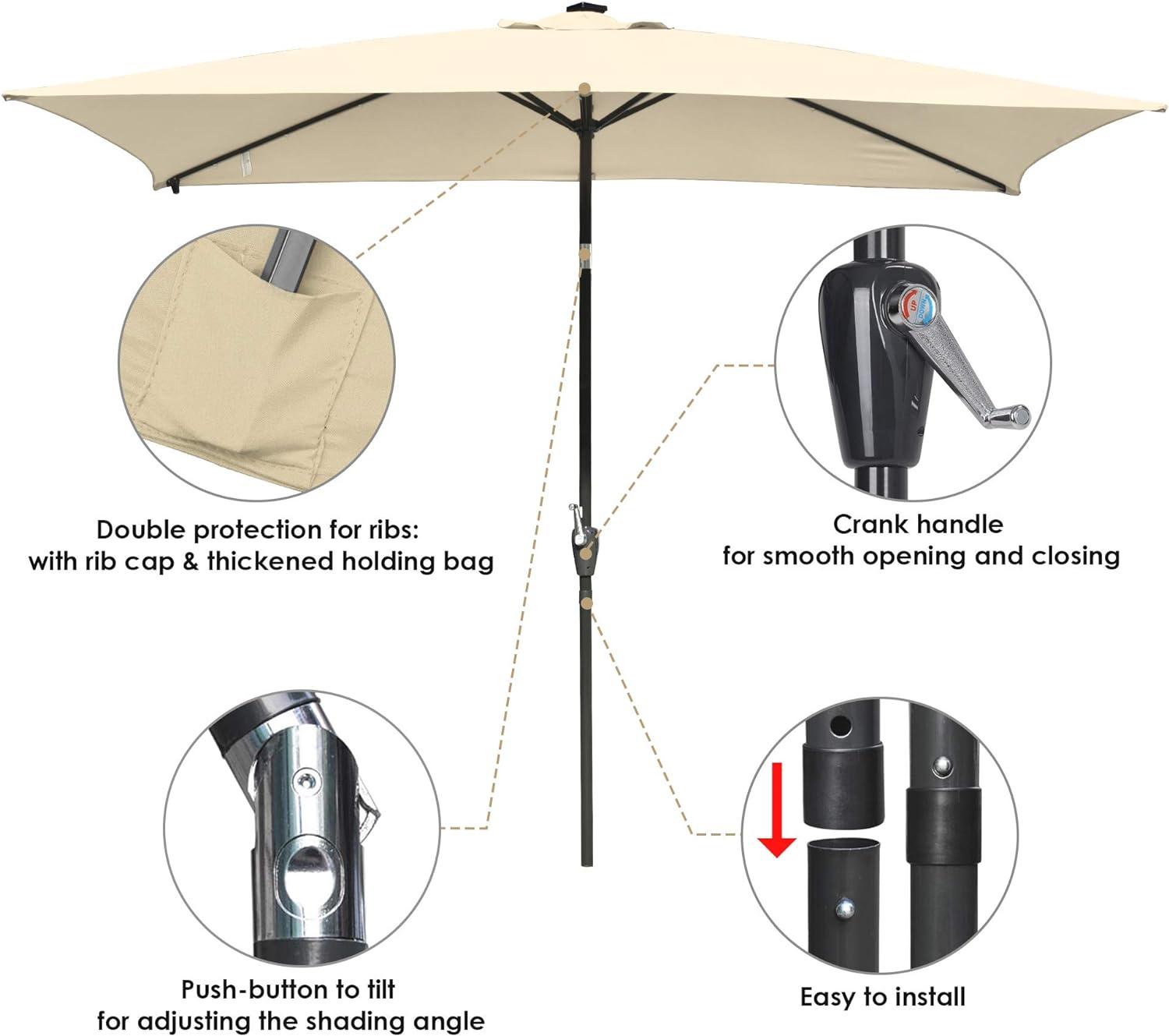 10x6.5 ft Outdoor Rectangle Solar Powered LED Patio Umbrella with Crank Tilt for Garden Backyard Table Market Pool, Beige