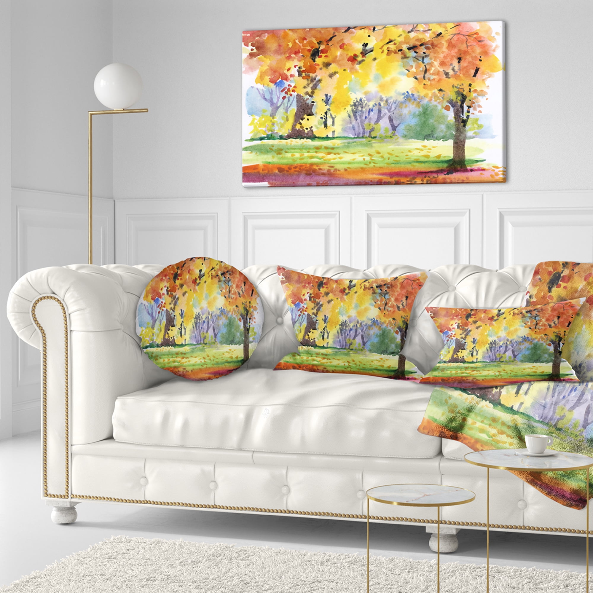 Designart Autumn Park Yellow Trees Watercolor - Landscape Printed Throw Pillow - 12x20