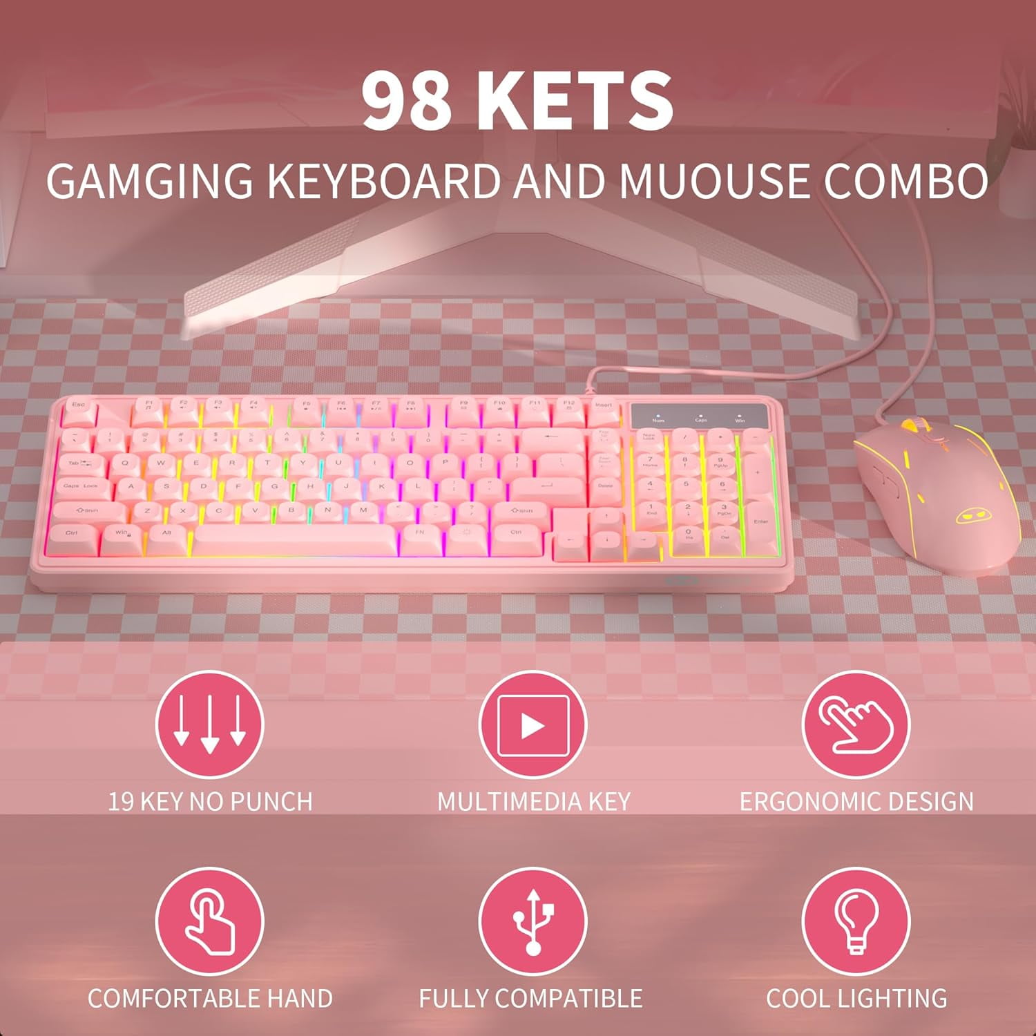 MageGee Gradient Purple Creamy Keyboard and Mouse Combo,MageGee GK980 Wired RGB Backlit Keyboard and Gradient Purple Gaming Mouse Combo,PC Keyboard and Adjustable Sensitivity Mouse for PC/loptop/MAC