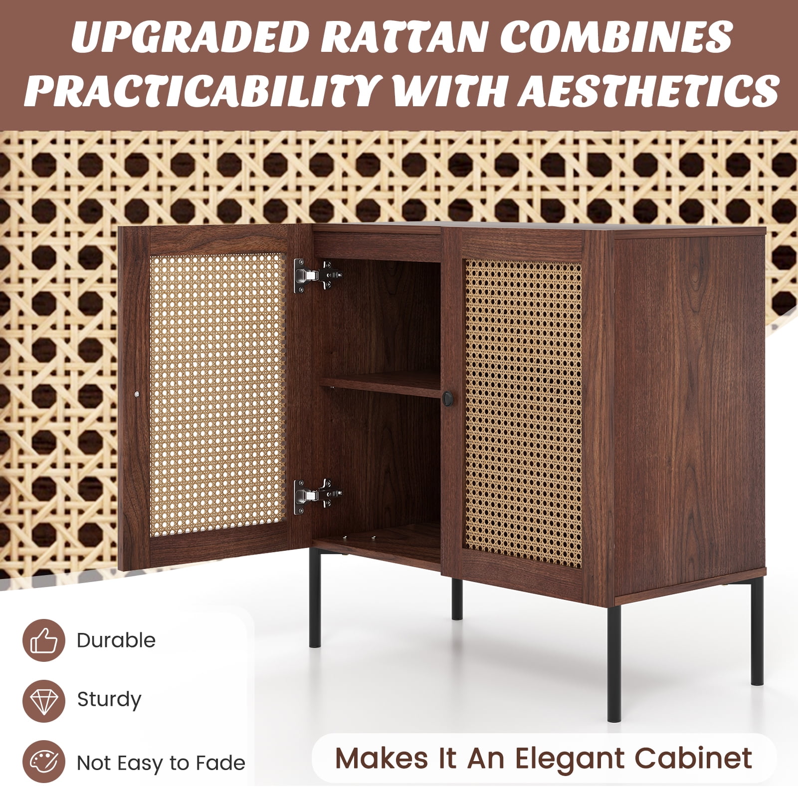 Costway JV10827BN Rattan Buffet Cabinet with 2-Door & 2 Cubbies Natural