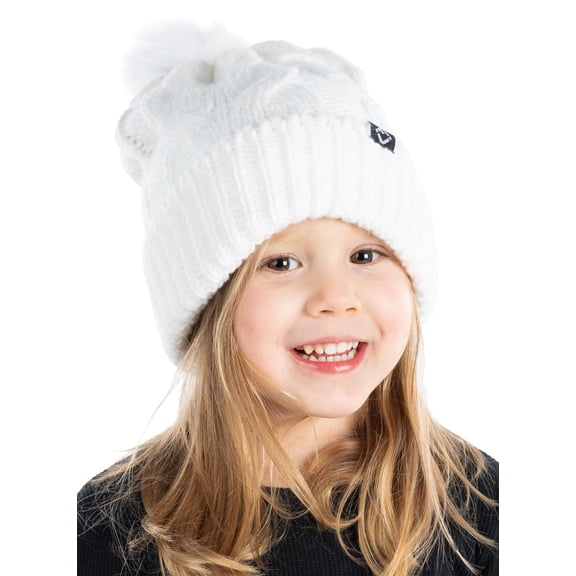 Funky Junque Toddler Kids Pom Pom Beanie Hat Soft Fleece Lined Warm Cable Knit - White