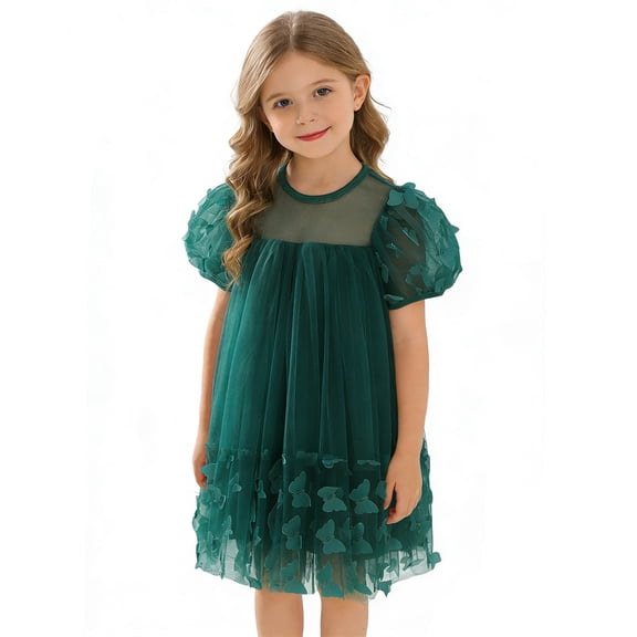 Fgnfyis Girls Summer Dress Puff Sleeves 3D Overlay Elegant Party Toddler Kids Mesh Dress for Girls Dark Green 4-5 Years