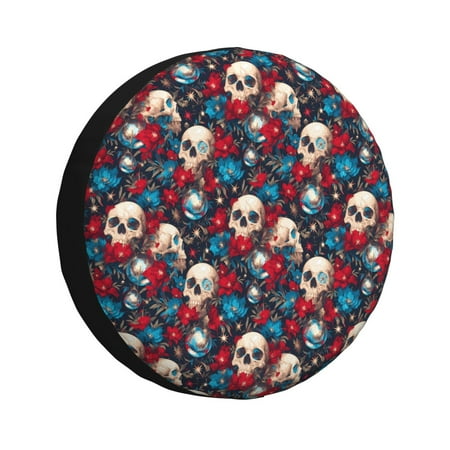 Wukai Skull red flower blue Print Spare Tire Cover for RV Trailer Waterproof PVC Faux Leather Wheel Cover Fit for Truck Trailer RV SUV Camper and Most Vehicle-16 inch