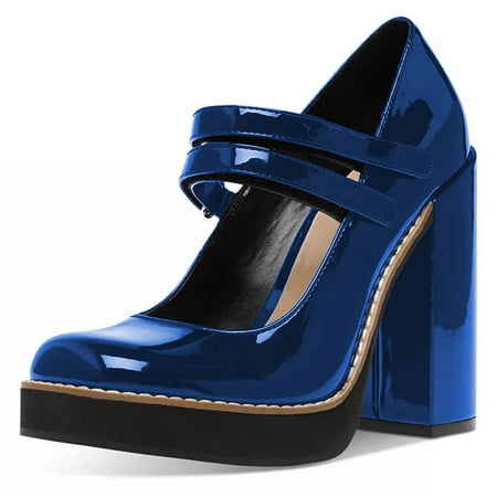 

YDN Women Lovely Round Toe Platform Mary Jane Pumps Chunky High Heel Double Strap Shoes Prom Evening Daily Size 14 Blue