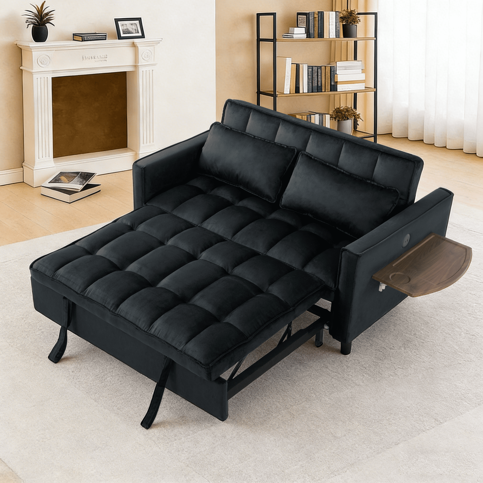 Gewnee 55.31''Pull Out Sleeper Sofa Bed,Twin Size Convertible Chair Bed with USB Ports & Side Table,3-Position Reclining Back,Velvet Upholstered Small Sofa for Living Room and Guest Room.Black