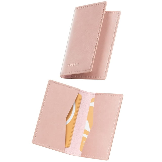 Tarjetero de piel tipo cartera VULKIT, delgado, color rosa vintage